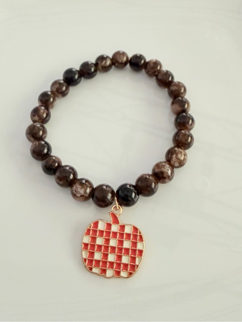 Fall Brown Beaded Bracelet with Plaid Pumpkin Charm